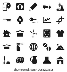 Flat vector icon set - fetlock vector, toilet brush, sprayer, paper, plates, jug, pencil, school bus, world, constellation, graph, scales, dry cargo, dna, pills, router, house, fruit tree, mountain