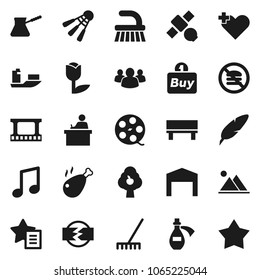 Flat vector icon set - fetlock vector, rake, turk coffee, chicken leg, pen, student, music, shuttlecock, no fastfood, satellite, ship, tulip, film frame, spool, group, heart cross, potion, favorites