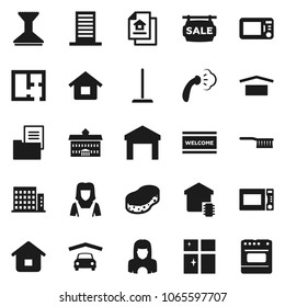 Flat vector icon set - fetlock vector, mop, sponge, car, welcome mat, steaming, shining window, cleaner woman, microwave oven, university, dry cargo, warehouse, house, garage, plan, estate document