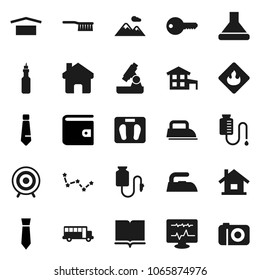 Flat vector icon set - fetlock vector, iron, oil, book, microscope, school bus, constellation, wallet, tie, scales, target, dry cargo, flammable, diagnostic monitor, drop counter, home, house, key