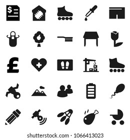 Flat vector icon set - fetlock vector, welcome mat, apron, chicken leg, pencil, annual report, pound, shorts, roller Skates, shuttlecock, satellite, tulip, satellitie, group, battery, heart cross