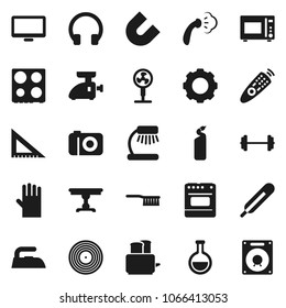 Flat vector icon set - fetlock vector, iron, steaming, cleaning agent, rubber glove, toaster, microwave oven, corner ruler, table lamp, magnet, barbell, disk, remote control, headphones, monitor