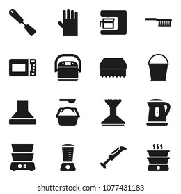 Flat vector icon set - fetlock vector, bucket, sponge, car, washing powder, rubber glove, kettle, spatula, double boiler, coffee maker, hood, multi cooker, microwave oven, blender