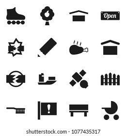 Flat vector icon set - fetlock vector, chicken leg, pencil, roller Skates, attention, satellite, ship, dry cargo, disconnection, bench, fruit tree, fence, open, baby stroller