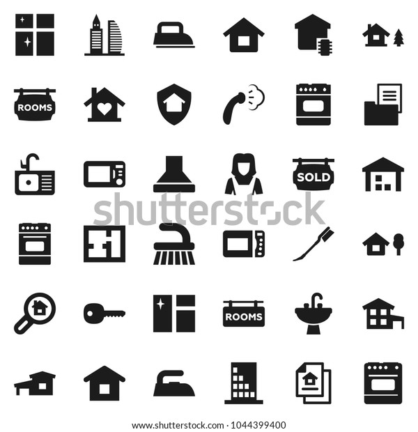Flat vector icon set - fetlock vector, car, window\
cleaning, iron, steaming, shining, sink, cleaner woman, oven,\
warehouse, key, house, cottage, chalet, plan, estate document,\
rooms signboard, sold