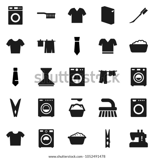 Flat vector icon set - fetlock vector,\
clothespin, car, drying clothes, washer, foam basin, washing\
powder, tie, t shirt, sewing\
machine