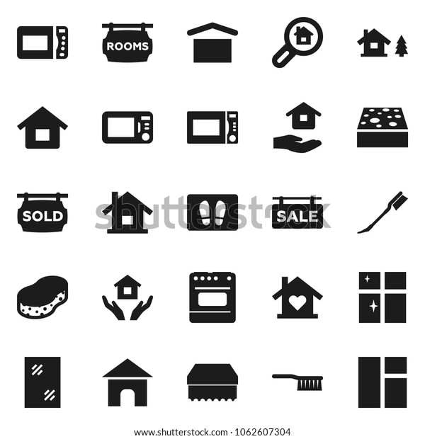 Flat vector icon set - fetlock vector, sponge, car,\
window cleaning, welcome mat, shining, house hold, microwave oven,\
dry cargo, chalet, sale signboard, rooms, sold, search estate, love\
home