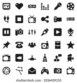 Flat vector icon set - film spool vector, microphone, radio, antenna, tv, gamepad, settings, equalizer, video camera, internet, speaking man, classic phone, group, favorites, heart, thumbtack, mail