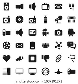 Flat vector icon set - film spool vector, disk, camera, microphone, radio, speaker, loudspeaker, tv, video, remote control, internet, dialog, monitor, classic phone, social media, link, group, heart
