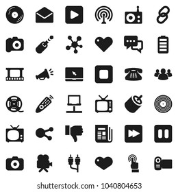 Flat vector icon set - film frame vector, spool, disk, camera, radio, antenna, newspaper, tv, video, remote control, touchscreen, dialog, notebook pc, classic phone, social media, link, group, heart