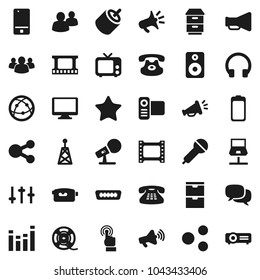 Flat vector icon set - film frame vector, spool, microphone, antenna, loudspeaker, tv, settings, equalizer, video camera, internet, mobile phone, touchscreen, dialog, headphones, monitor, classic