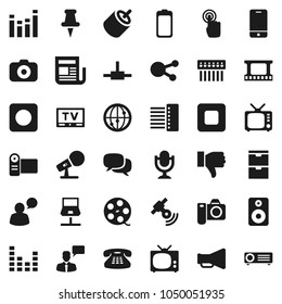 Flat vector icon set - film frame vector, spool, camera, microphone, satellitie, newspaper, loudspeaker, tv, equalizer, internet, mobile phone, touchscreen, dialog, speaking man, classic, speaker