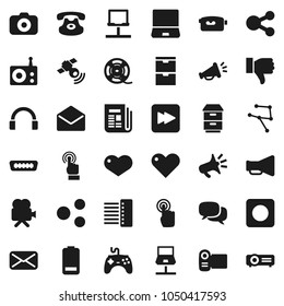 Flat vector icon set - film spool vector, camera, radio, satellitie, newspaper, loudspeaker, gamepad, video, touchscreen, dialog, headphones, notebook pc, classic phone, finger down, heart, battery
