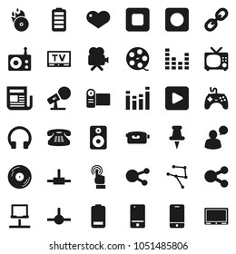 Flat vector icon set - film spool vector, disk, music hit, microphone, radio, newspaper, gamepad, equalizer, tv, video camera, mobile phone, touchscreen, speaking man, headphones, classic, link, rec