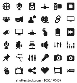 Flat vector icon set - film frame vector, spool, music hit, camera, microphone, speaker, loudspeaker, settings, equalizer, video, internet, touchscreen, speaking man, monitor, link, group, heart, tv