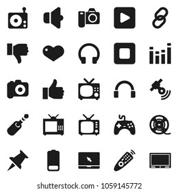 Flat Vector Icon Set - Film Spool Vector, Camera, Radio, Satellitie, Speaker, Tv, Gamepad, Equalizer, Remote Control, Headphones, Notebook Pc, Link, Finger Up, Down, Heart, Thumbtack, Battery, Stop