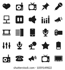 Flat vector icon set - film frame vector, microphone, radio, speaker, loudspeaker, settings, equalizer, mobile phone, classic, favorites, heart, thumbtack, battery, pause button, notebook network
