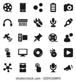 Flat vector icon set - film spool vector, disk, music hit, camera, satellitie, video, microphone, mobile phone, touchscreen, speaking man, headphones, monitor, social media, thumbtack, battery, hdmi