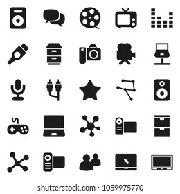 Flat vector icon set - film spool vector, tv, gamepad, equalizer, video camera, microphone, dialog, notebook pc, social media, speaker, group, favorites, rca, hdmi, network