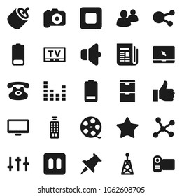 Flat vector icon set - film spool vector, camera, antenna, newspaper, speaker, settings, equalizer, tv, remote control, monitor, notebook pc, classic phone, social media, group, finger up, favorites
