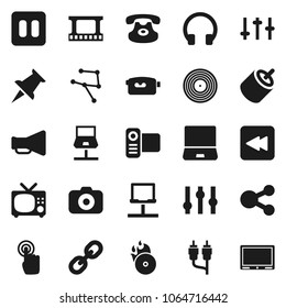 Flat vector icon set - film frame vector, disk, music hit, camera, loudspeaker, settings, video, touchscreen, headphones, notebook pc, classic phone, link, thumbtack, pause button, backward, rca, tv