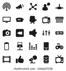 Flat vector icon set - film frame vector, camera, microphone, antenna, speaker, tv, gamepad, settings, equalizer, video, mobile phone, speaking man, monitor, finger up, battery, backward button, hub