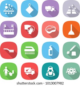 flat vector icon set - filter vector, rag, sweeper, clean floor, skysrcapers cleaning, wiping, sponge with foam, plunger, brush, toilet cleanser, home call, cleaner, outsource