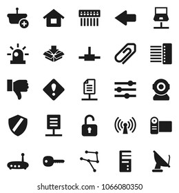 Flat vector icon set - finger down vector, connect, network, notebook, equalizer, shield, hub, router, arrow, document, attachment, key, attention sign, siren, house, wireless, basket, unlock, web