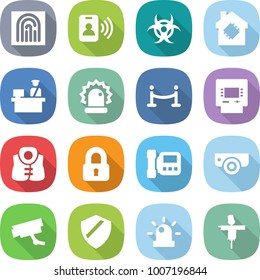 flat vector icon set - fingerprint vector, pass card, biohazard, smart house, customs control, alarm, vip fence, atm, life vest, locked, intercome, surveillance camera, shield, siren, scarecrow