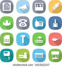 flat vector icon set - fingerprint vector, loudspeaker, tools, pencil, building helmet, phone, scoop, sim card, hammer, conveyor, pan, mixer, factory, sponge, hand dryer