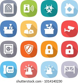 flat vector icon set - fingerprint vector, pass card, biohazard, smart house, customs control, security man, inspector, surveillance, safe, shield, locked, unlocked, intercome, alarm, siren