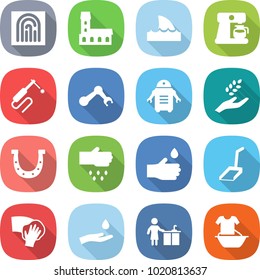 flat vector icon set - fingerprint vector, mansion, shark flipper, coffee maker, welding, robot hand, harvest, horseshoe, sow, drop, scoop, wiping, and, kitchen cleaning, handle washing