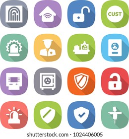 flat vector icon set - fingerprint vector, wireless home, unlock, customs, alarm, security man, baggage checking, passport, atm, safe, shield, unlocked, scarecrow