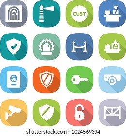 flat vector icon set - fingerprint vector, lighthouse, customs, control, protected, alarm, vip fence, baggage checking, passport, shield, key, surveillance camera, unlock, farm