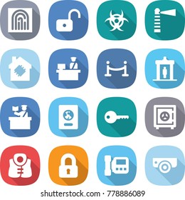 flat vector icon set - fingerprint vector, unlock, biohazard, lighthouse, smart house, customs control, vip fence, detector, inspector, passport, key, safe, life vest, locked, intercome