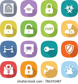 flat vector icon set - fingerprint vector, wireless home, lock, biohazard, unlock, customs, security man, vip fence, atm, key, shield, life vest, locked, surveillance camera, siren