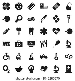 Flat vector icon set - first aid kit vector, oxygen, ambulance star, disabled, heart pulse, thermometer, flask, gender sign, magnifier, insemination, syringe, dropper, crutches, patch, pills, mortar