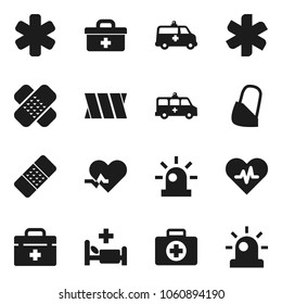 Flat vector icon set - first aid kit vector, doctor bag, ambulance star, heart pulse, patch, hospital bed, amkbulance car, bandage, siren