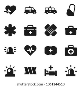 Flat vector icon set - first aid kit vector, doctor bag, ambulance star, heart pulse, patch, hospital bed, amkbulance car, bandage, siren