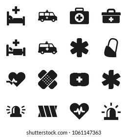 Flat vector icon set - first aid kit vector, doctor bag, ambulance star, heart pulse, patch, hospital bed, amkbulance car, bandage, siren