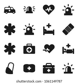 Flat vector icon set - first aid kit vector, doctor bag, ambulance star, heart pulse, patch, hospital bed, amkbulance car, bandage, siren