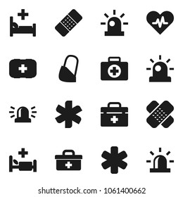 Flat vector icon set - first aid kit vector, doctor bag, ambulance star, heart pulse, patch, hospital bed, bandage, siren