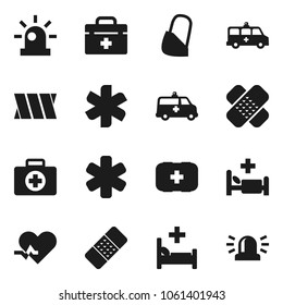 Flat vector icon set - first aid kit vector, doctor bag, ambulance star, heart pulse, patch, hospital bed, amkbulance car, bandage, siren