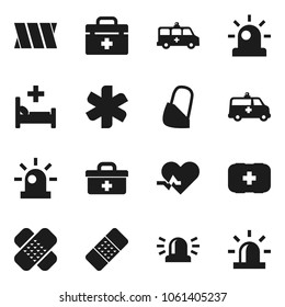 Flat vector icon set - first aid kit vector, doctor bag, ambulance star, heart pulse, patch, hospital bed, amkbulance car, bandage, siren