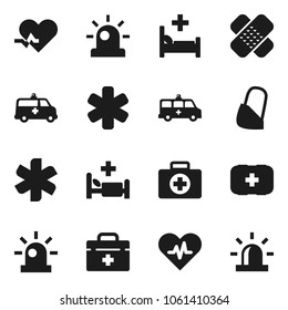 Flat vector icon set - first aid kit vector, doctor bag, ambulance star, heart pulse, patch, hospital bed, amkbulance car, bandage, siren