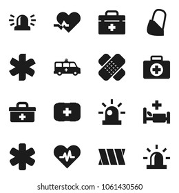 Flat vector icon set - first aid kit vector, doctor bag, ambulance star, heart pulse, patch, hospital bed, amkbulance car, bandage, siren
