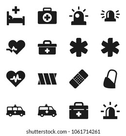 Flat vector icon set - first aid kit vector, doctor bag, ambulance star, heart pulse, patch, hospital bed, amkbulance car, bandage, siren