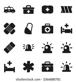 Flat vector icon set - first aid kit vector, doctor bag, ambulance star, patch, hospital bed, amkbulance car, bandage, siren