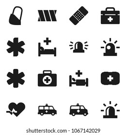 Flat vector icon set - first aid kit vector, doctor bag, ambulance star, heart pulse, patch, hospital bed, amkbulance car, bandage, siren
