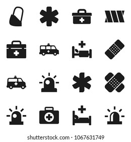 Flat vector icon set - first aid kit vector, doctor bag, ambulance star, patch, hospital bed, ambulance car, bandage, siren